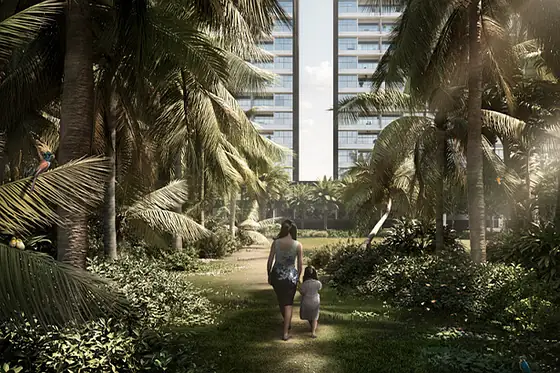 Palm-lined landscaped walkway inside Blue Ridge