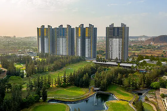 Aerial view of Blue Ridge Hinjewadi towers and landscaped greens